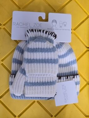 Rachel Zoe Cream and Light Blue Striped Beanie with Flip-Top Mittens
